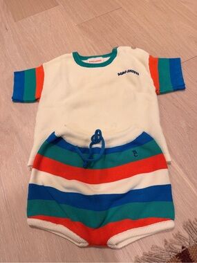 Bobo Choses Cream Knit Tee & Striped Shorts in Blue, Green & Red
